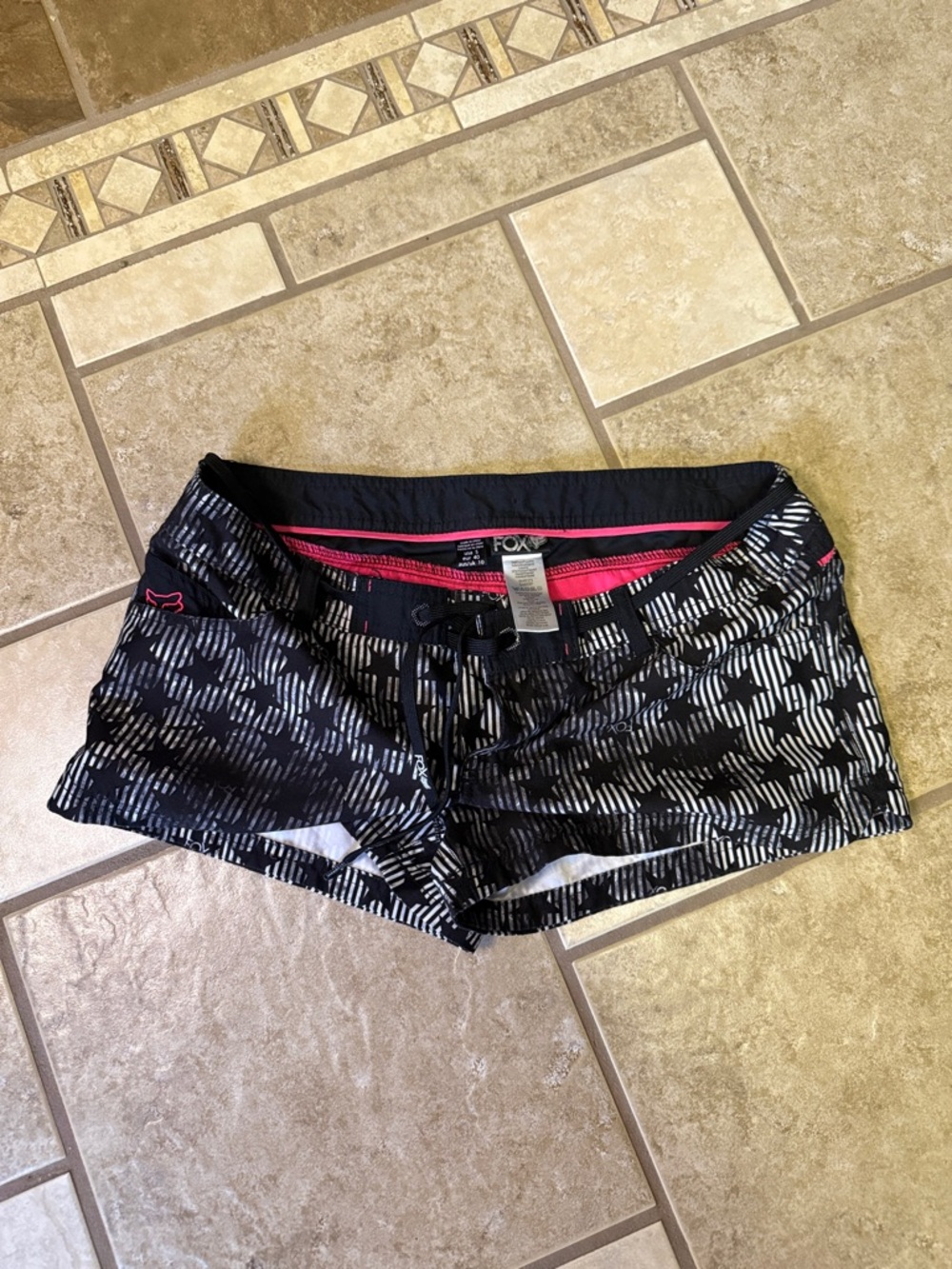Fox Women’s Black & White Patterned Athletic Shorts with Pink Trim